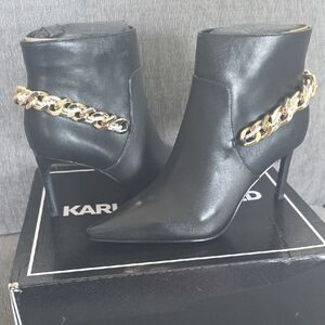 Karl Lagerfeld Heeled Boots with Gold Chain Accent, Womens Size 9